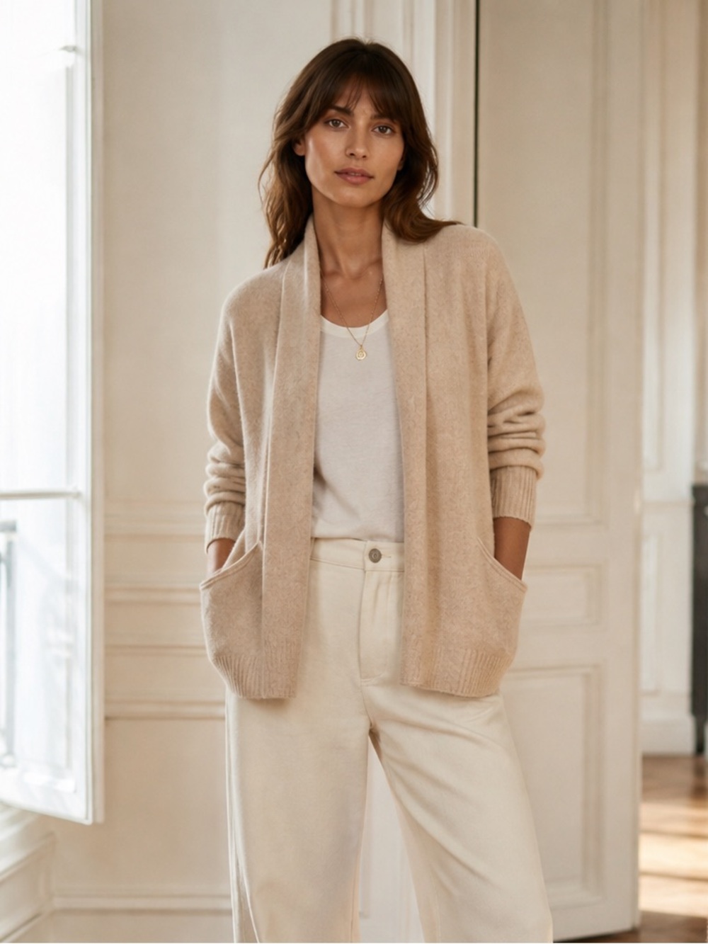 Max Studio 100% Cashmere Beige Open-Front Cozy Cardigan size Large